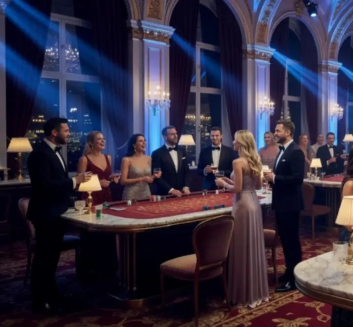 Kasynowa aranżacja eventowa w stylu Las Vegas z wieczornym oświetleniem